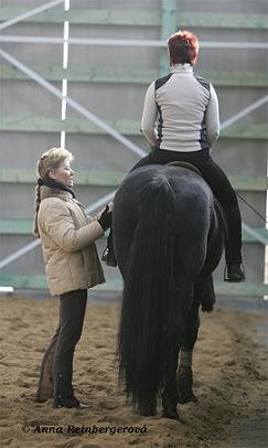Céline Wilms během lekce vysvětluje ,jakým způsobem působit na koně holení,konkrétně předvede názorně jezdci na jeho vlastní noze,jaký tlak a v jakých impulsech má použít.Na snímku Jaruška Hudečková na 4letém kladrubském valachovi Sacramoso Segesda XLV-45 (Ferda),kterého zapůjčila Romana Hájková.