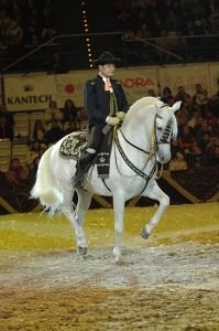 Rafael Soto a osmnáctiletý Bolero předvádějí cviky vysoké školy jezdecké.