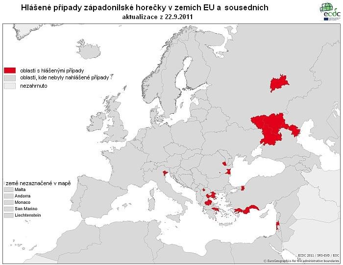 mapa rozšíření WNV v zemích EU a sousedních z 22.9.2011