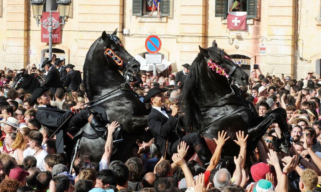 Koně obklopení lidmi: Oslavy svátku svatého Jana na španělském ostrově Menorca jsou praktikovány již od středověku. Koně jsou pro tuto příležitost trénováni, aby chodili po zadních. To má vzbuzovat dojem, že koně tančí