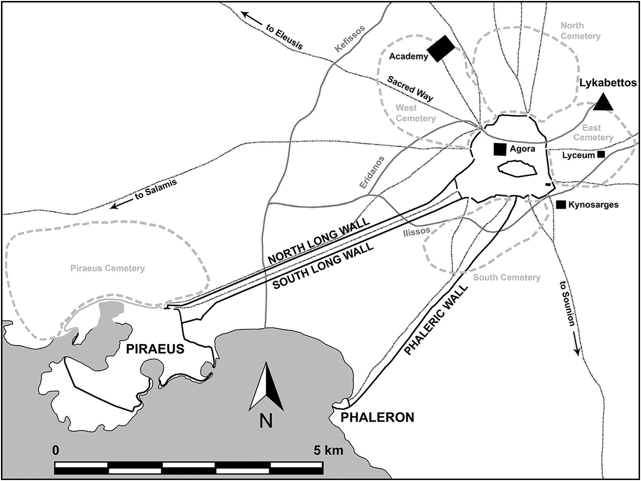 Mapka Atiky s Athénami a přístavy Phaleron a Pireus