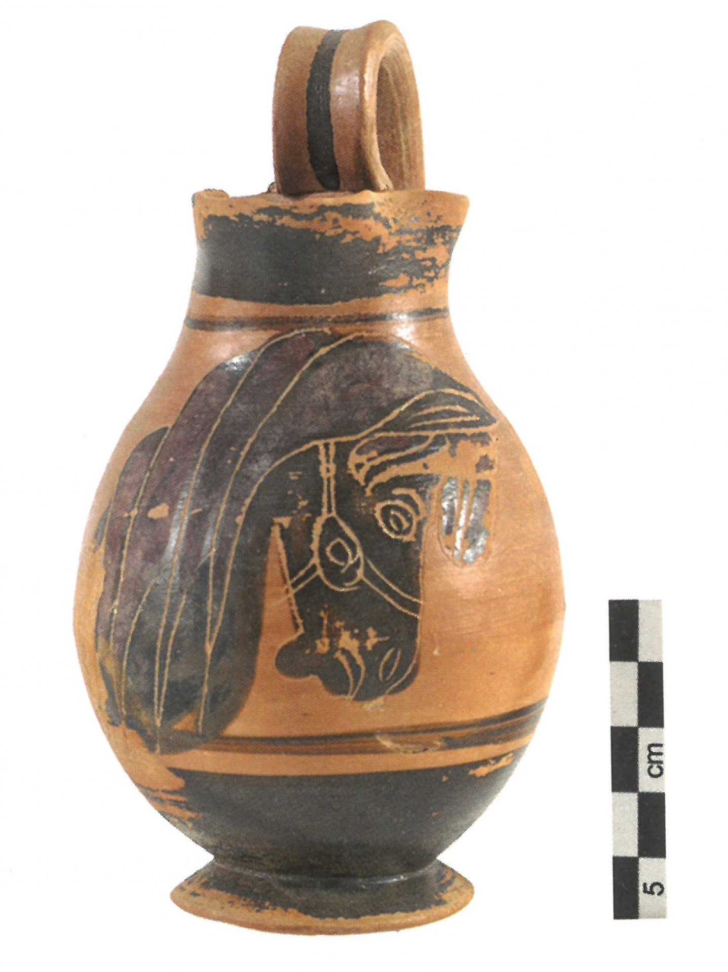 Miniaturní oinochoé (konvice na víno), nalezená v jednom z dětských hrobů ve Phaleronu z první poloviny 6. stol. před n. l. Koně v různých scénách a podobách byli velmi oblíbeným motivem řecké malované keramiky (obrázek z knihy Hippos)
